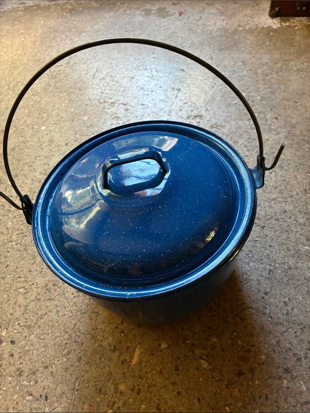Blue Speckled Enamel Camping Pot with Lid and Bail Handle